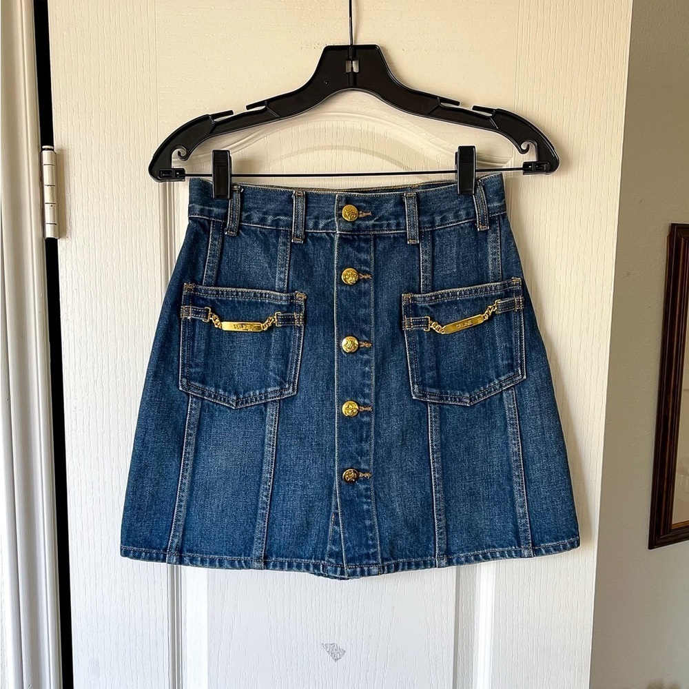 Celine Triomphe‎ Chain Denim Mini Skirt Gold Buttons Dark Union Wash 26 EUC